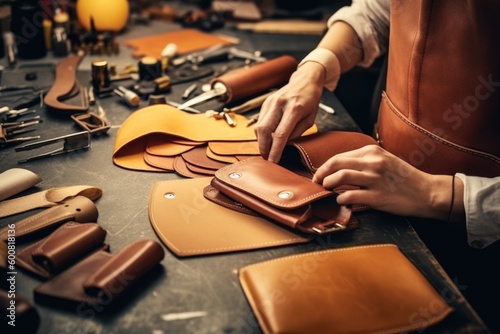 The process of making leather goods. The hands of the master work with a leather product. Generative AI © dark_blade