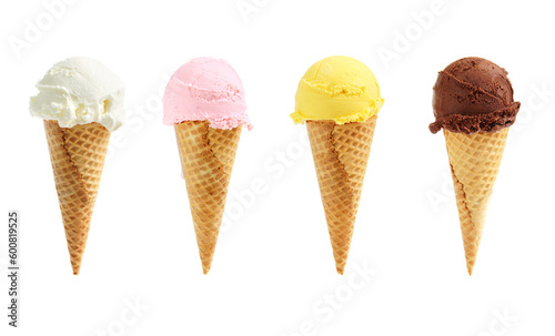 Assorted ice cream in sugar cones isolated on white background