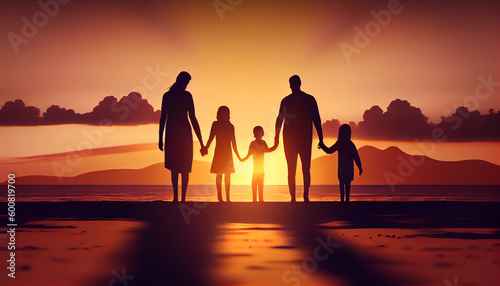 Family silhouette at the beach holding hands at sunset. Family day concept. Fathers day. Mothers day. Happy Family. Ai generated image © PixxStudio
