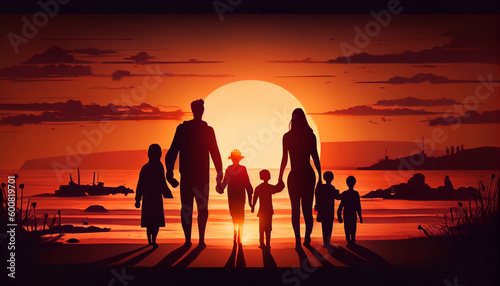 Family silhouette at the beach holding hands at sunset. Family day concept. Fathers day. Mothers day. Happy Family. Ai generated image