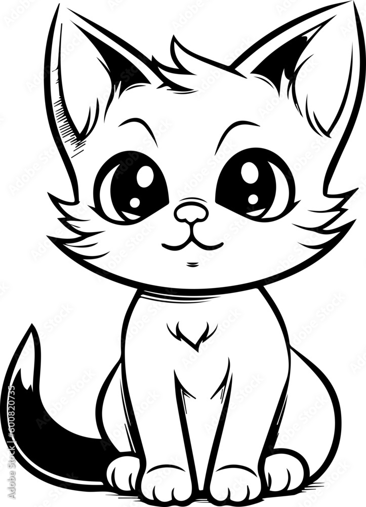 Black and White Illustration of Cute Anime Style Cats Black and White Illustration of Cute Anime Style Cats