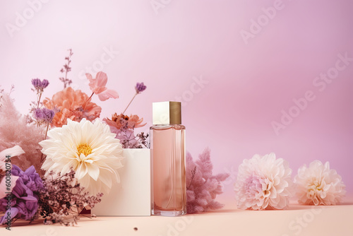 Perfume bottle packaging cosmetic mock up with greeting card, flowers and pink background