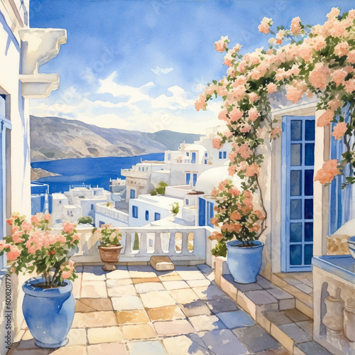 watercolor painting of beautiful house in Greece. hand drawn, painting with white building, Seaview, alley, door, window, bougainvillea,  houseplant, pot and blue sky 
