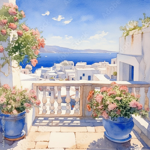 watercolor painting of beautiful house in Greece. hand drawn, painting with white building, Seaview, alley, door, window, bougainvillea, houseplant, pot and blue sky 