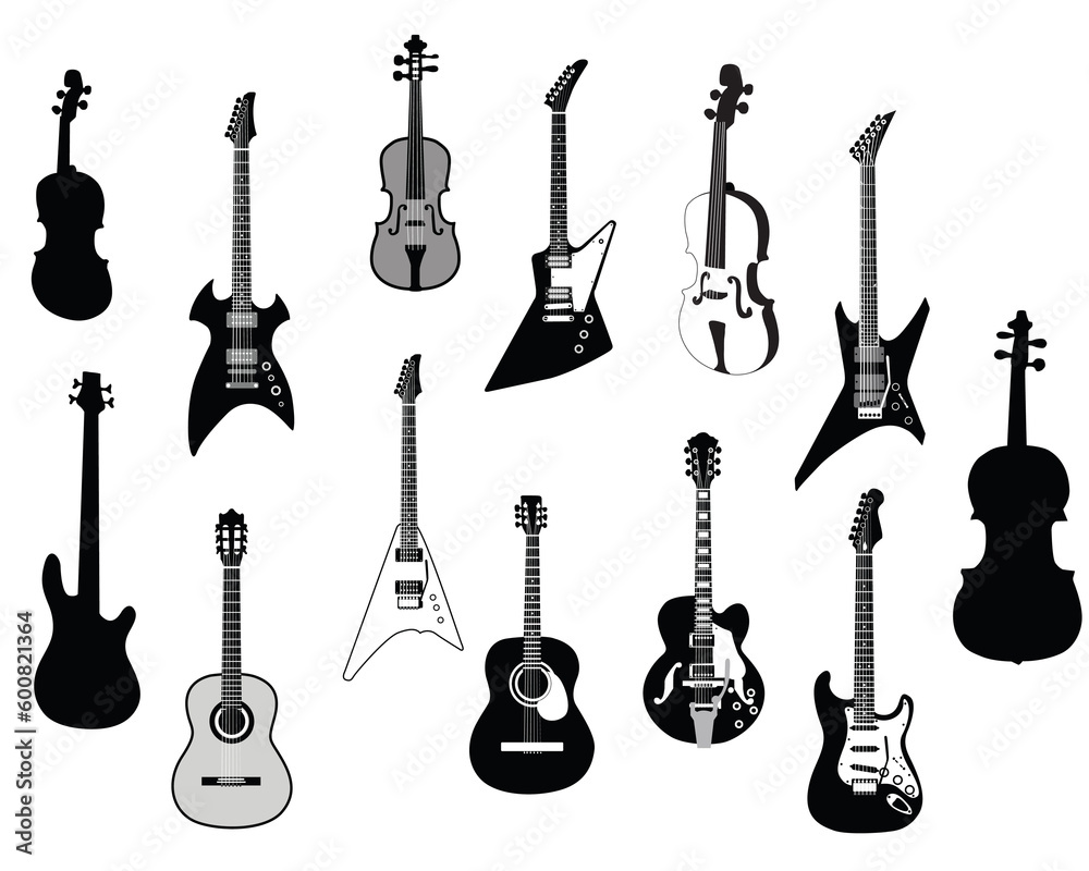 Fototapeta premium Set of detailed vector silhouettes different guitars