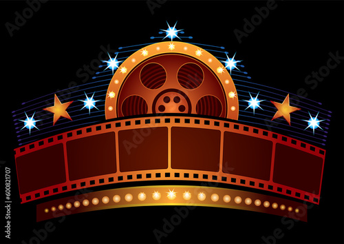 Gold film strip at neon sign with reel and stars
