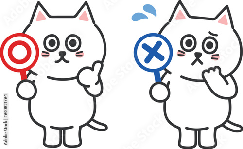 White cartoon cats holding a correct and incorrect sign, vector illustration.
