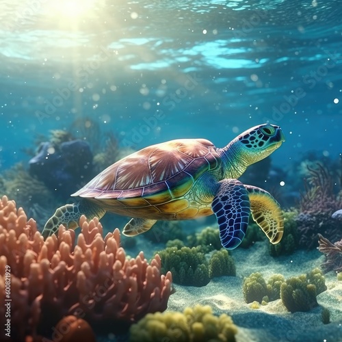 Sea turtle swimming in the ocean with coral reef underwater. Background illustration for world oceans day concept. Life in tropical waters. generative ai illustration