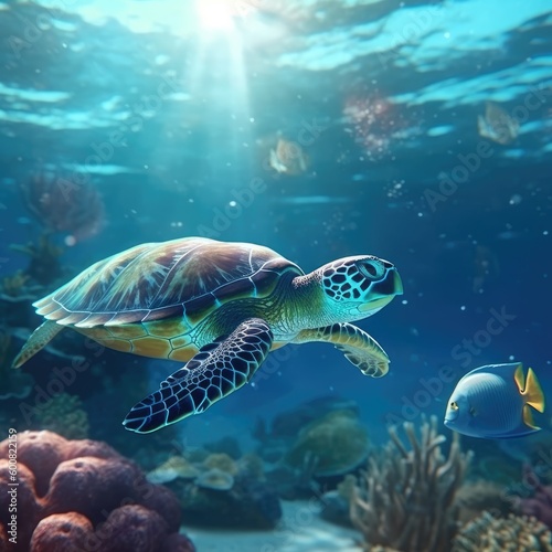 Sea turtle swimming in the ocean with coral reef underwater. Background illustration for world oceans day concept. Life in tropical waters. generative ai illustration