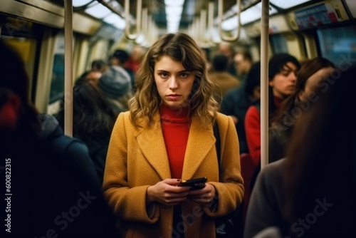 a girl with a smartphone stands among a large number of people