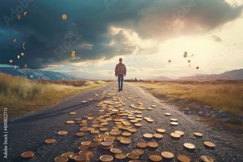Back view of man walking down a path while it is raining money from above, road paved with coins, AI generated illustration