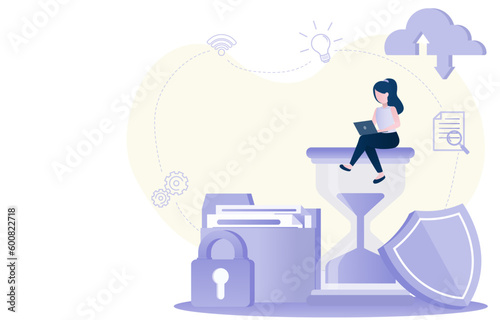 Programmer working on hourglass. The development of software or programs will strengthen network security and protect private data from hackers. Internet network security concept. Vector illustration.