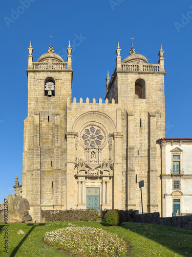 Front of the Romanesque Porto Cathedral (Se do Porto). The Porto Cathedral is a popular tourist attraction of Portugal. The historic centre of Porto was designated a UNESCO World Heritage site