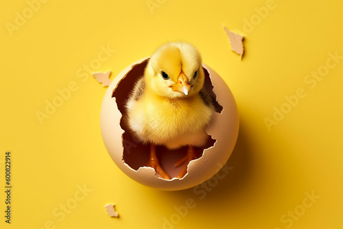 Cute chick freshly hatched from egg.Yellow isolated background.Copy space.Created with generative ai