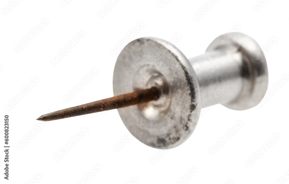 Fototapeta premium view from tip on vintage steel push pin isolated on white background