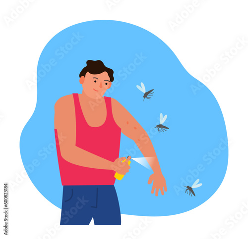 man using mosquito repellent spraying on skin protection vector illustration