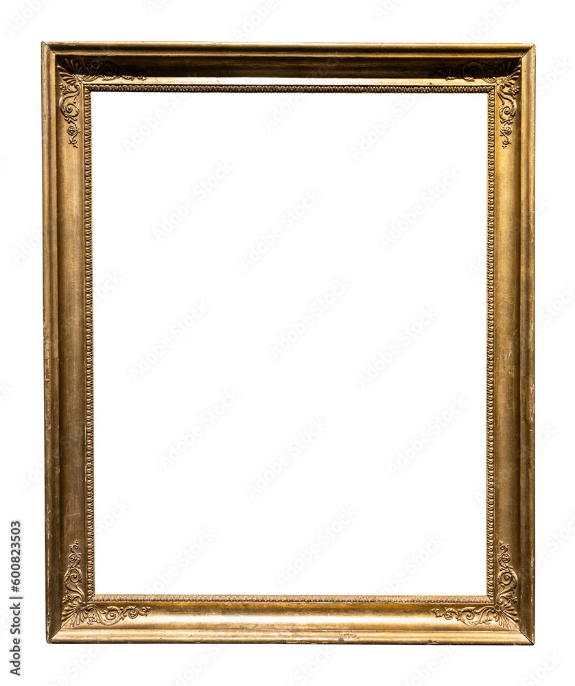 old vertical narrow rococo bronze picture frame isolated on white background with cut out canvas