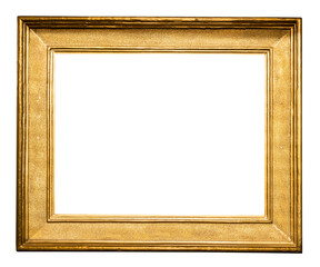 old horizontal classic wide golden picture frame isolated on white background with cut out canvas