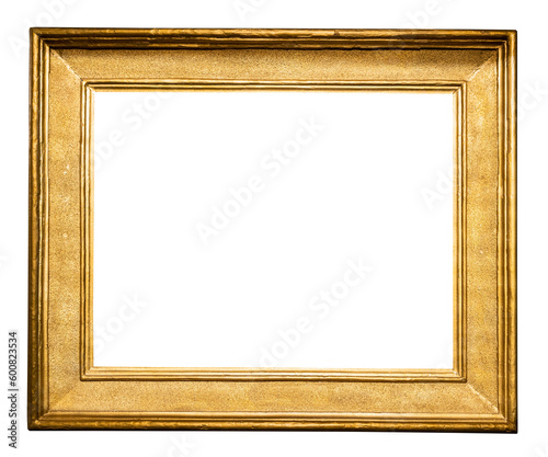 old horizontal classic wide golden picture frame isolated on white background with cut out canvas