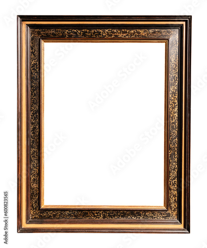 old vertical ornamental wooden picture frame isolated on white background with cut out canvas