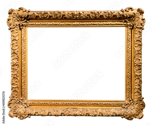 old horizontal wide baroque picture frame isolated on white background with cut out canvas