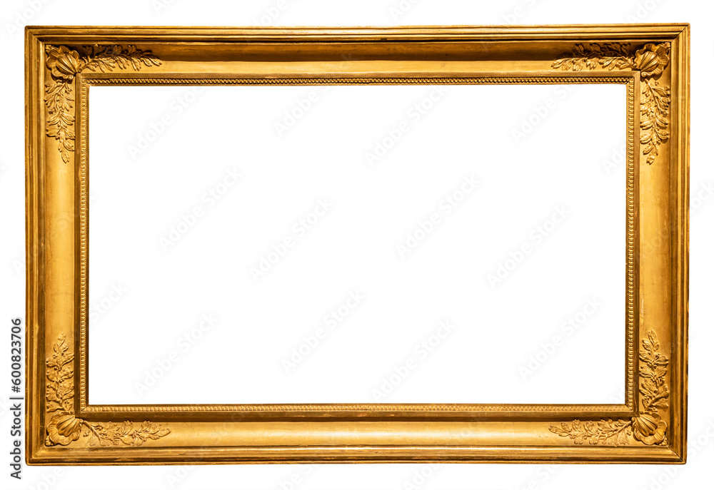 old horizontal long rococo gold picture frame isolated on white background with cut out canvas - obrazy, fototapety, plakaty 