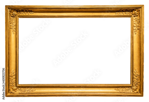 old horizontal long rococo gold picture frame isolated on white background with cut out canvas