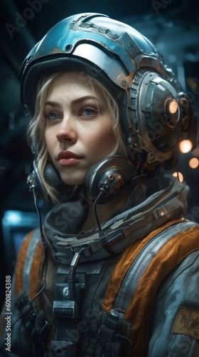 A woman in a space suit with a helmet and a halo, Generative AI