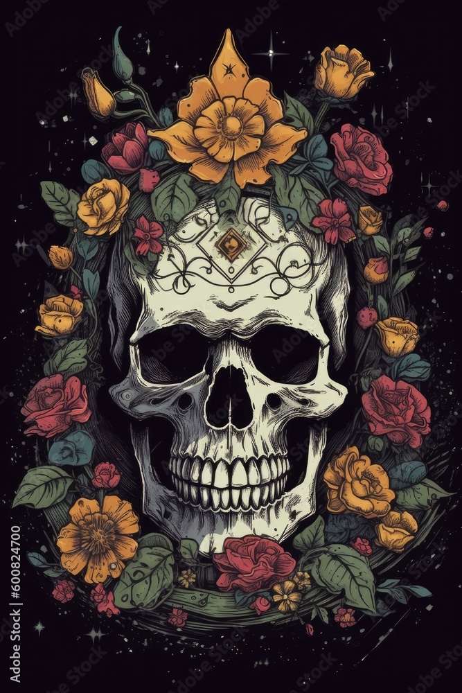 Cartoon Floral crown skull Tshirt design. Generative AI
