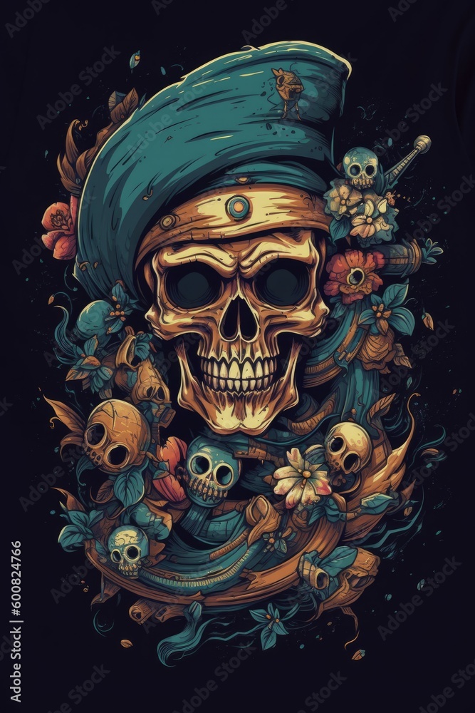 Cartoon Pirate skull Tshirt design. Generative AI Cartoon Pirate skull Tshirt design. Generative AI