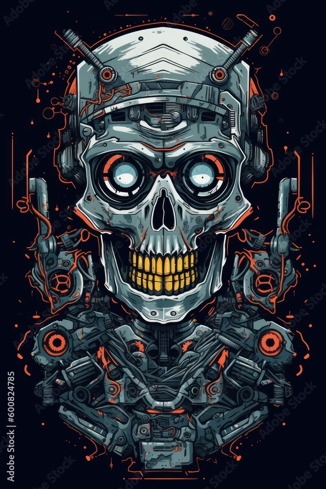 Cartoon Robot skull Tshirt design. Generative AI Cartoon Robot skull Tshirt design. Generative AI