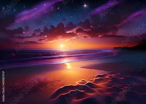 Romantischer Sonnenuntergang am Strand mit Sternenhimmel, Generative AI