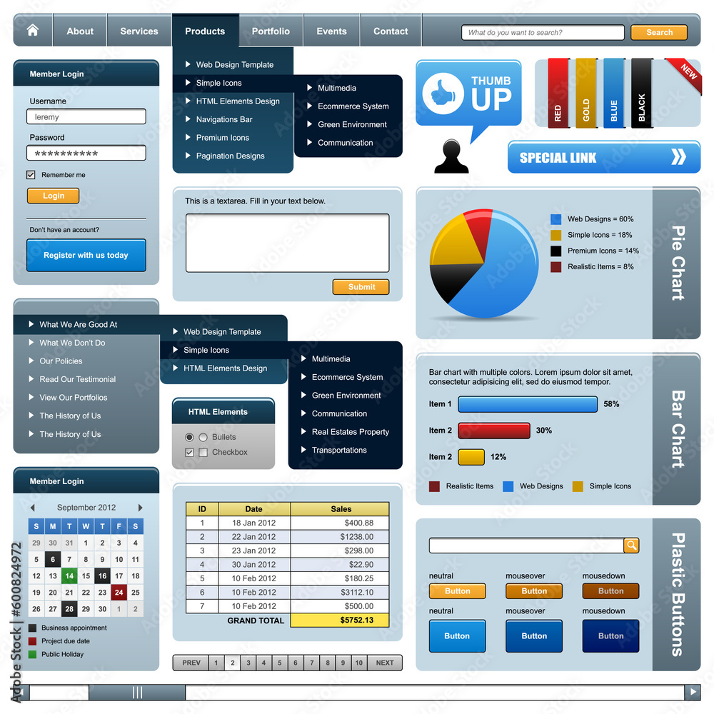 A complete set of web elements that consist of the layout, navigation bar, html elements, icons, and other important features.