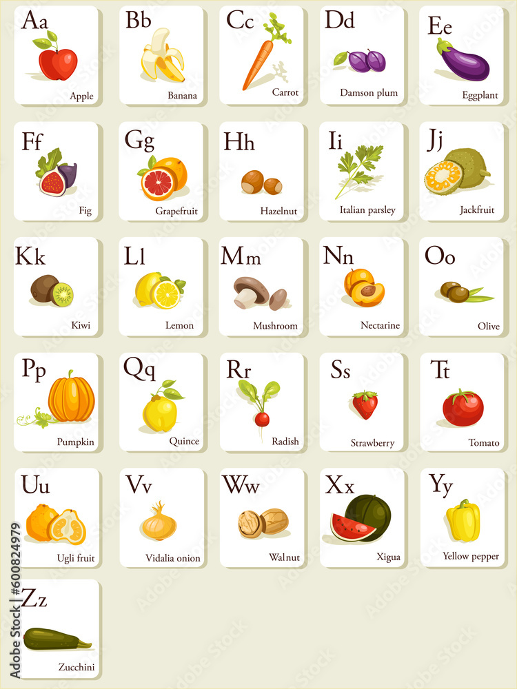Fruits and vegetables  alphabet cards , illustration