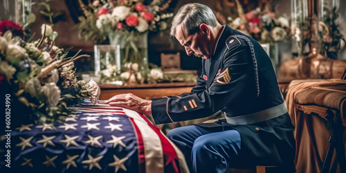 Soldier grieving over casket draped with USA flag, military funeral. Generative AI