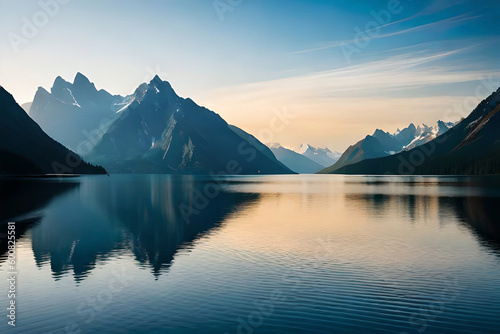 a mountain range towering over a tranquil lake  with a calm water