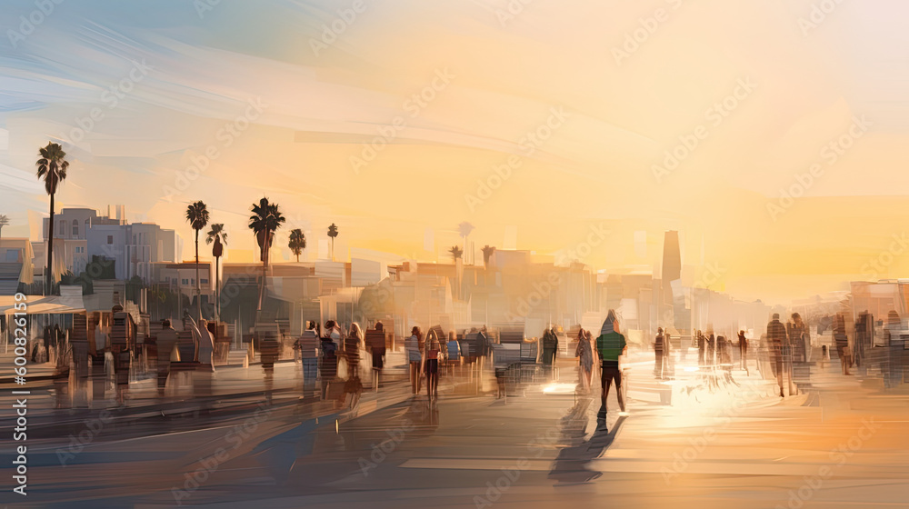 Sunset view of Venice Beach, California. Generative AI