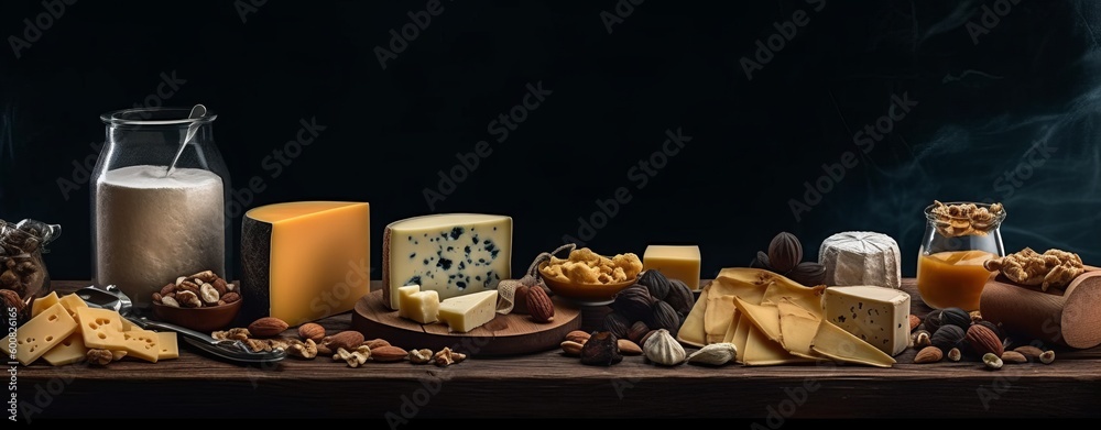 Different kinds of delicious cheese on table