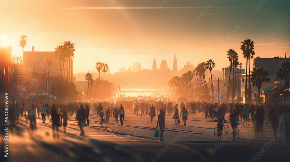 Sunset view of Venice Beach, California. Generative AI