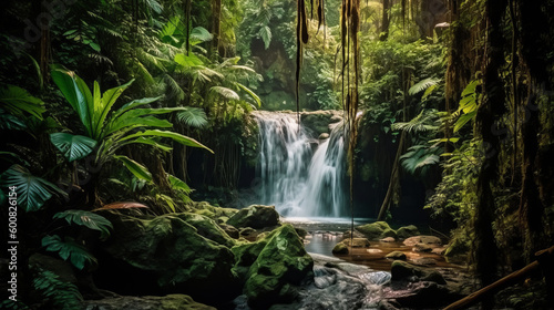 Waterfall in tropical forest. Illustration AI Generative.