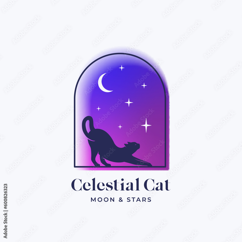 Blurry y2k aura brutalism style absttract vector logo template. Cat silhouette on the night arch window with stars in the sky background Isolated Blurry y2k aura brutalism style absttract vector logo template. Cat silhouette on the night arch window with stars in the sky background Isolated
