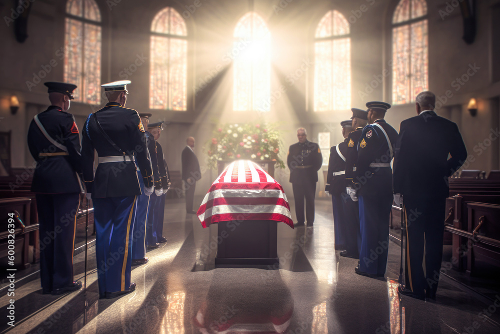 Soldiers around casket draped with USA flag, military funeral. Generative AI