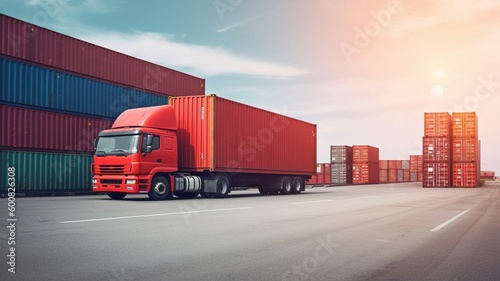 Logistics for the import and export of containers, freight ships, and trucks carrying red containers on a port's cargo shipping dock yard background.Generative AI.
