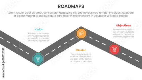 business roadmaps process framework infographic 3 stages with turning road and light theme concept for slide presentation