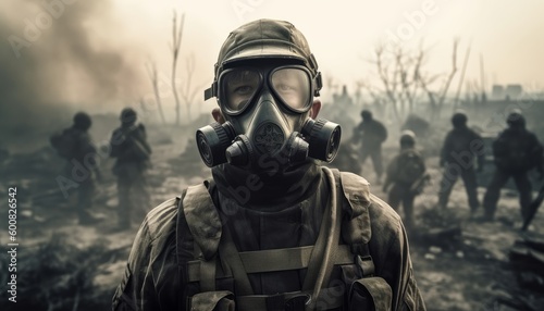 Soldier wearing gasmask in a war zone ai, ai generative, illustration