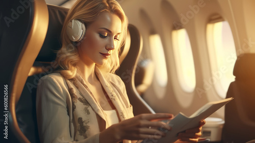 Girl in airplane. Illustration AI Generative.