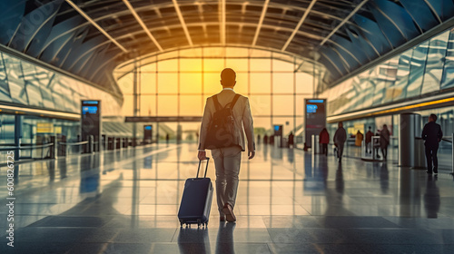 Man With Bag And Suitcase Walking In Airport. Illustration AI Generative.