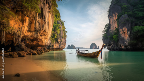 Thai traditional wooden longtail boat. Illustration AI Generative.