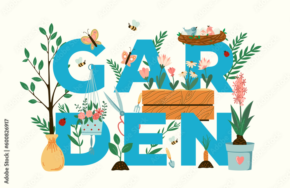 Fototapeta premium Gardening typography vector illustration. Garden title with plants, flowers, birds and garden tools seasonal flat style poster template. Outdoor hobby t-shirt print Isolated