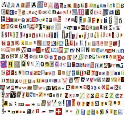 Newspaper, magazine alphabet with letters, numbers and symbols. Isolated on white background.
